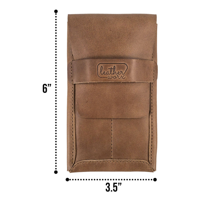 Styled image of the Double Pen Case alongside measurement details, showcasing its dimensions. Leather Worx uses Full Grain Leather to create this handmade artisan piece, highlighting hand cut and hand sewn methods in its production, proudly made in La Antigua Guatemala & Oaxaca Mexico.