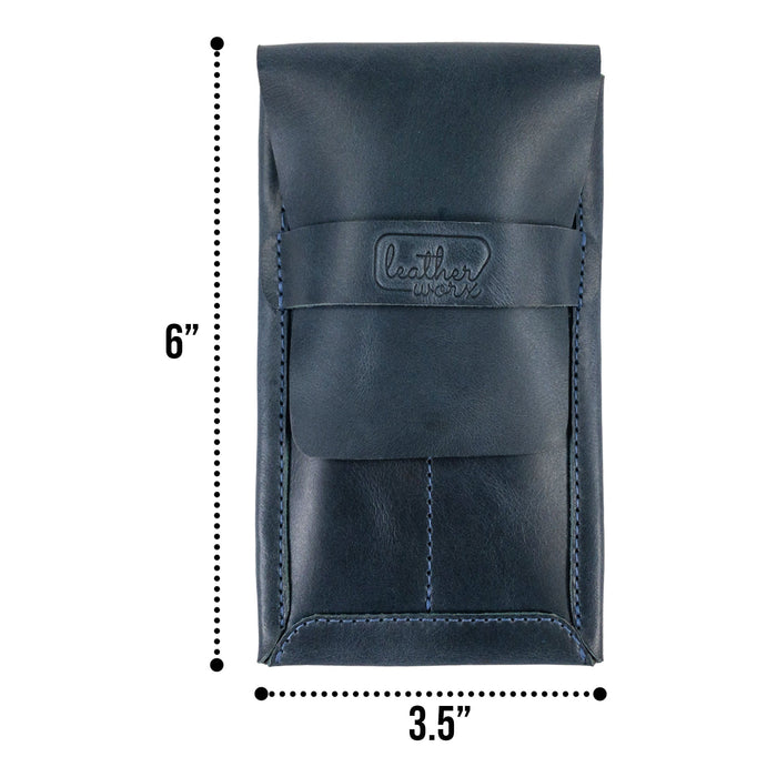 Front view of the Leather Worx Double Pen Case, measuring 6 inches tall and 3.5 inches wide. Crafted from Full Grain Leather, this artisan piece is made through small batch production methods in La Antigua Guatemala, emphasizing hand cut and hand sewn techniques.