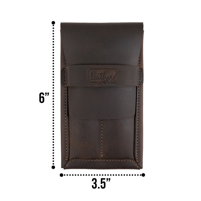 Dimensions of the Leather Worx Double Pen Case displayed, highlighting its practical size of 3.5 x 6 inches. Made from Full Grain Leather, this artisan piece embodies StockyardX's dedication to Small Batch Production, featuring Hand Cut and Hand Sewn details with a Fire Branded finish, handmade in La Antigua Guatemala.