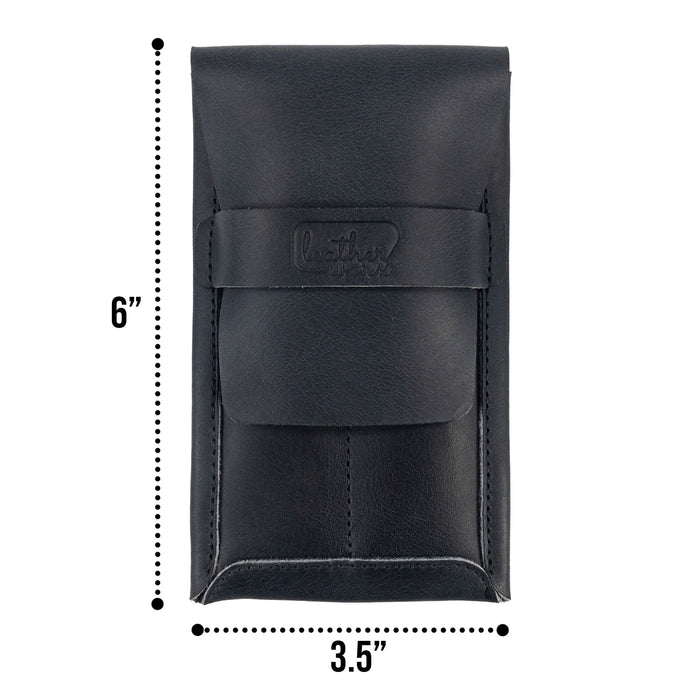 Dimensions of the Leather Worx Double Pen Case, measuring 3.5 x 6 inches. This Full Grain Leather accessory highlights the quality of small batch production, featuring hand cut and hand sewn craftsmanship. Perfectly made by artisans in La Antigua Guatemala.