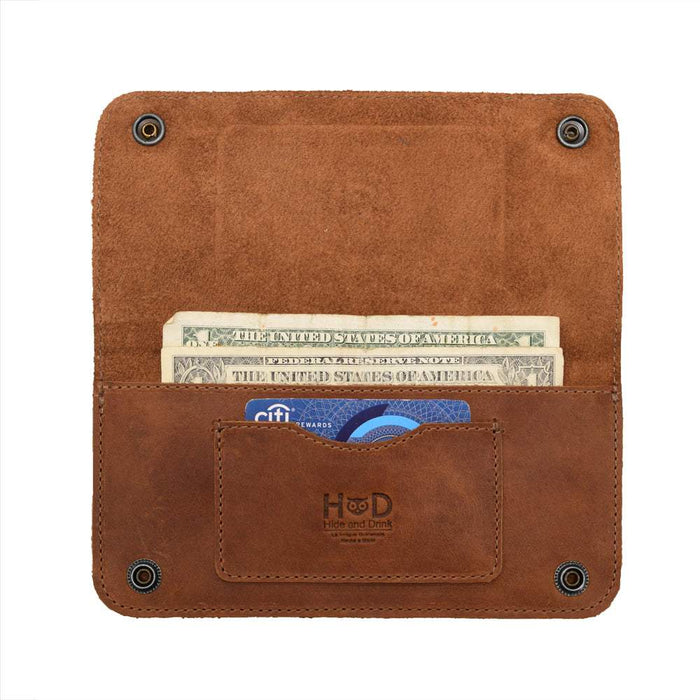 Dimensions view of the Brown Double Snap Folio Wallet by Hide & Drink, showcasing its practical size of 8 inches by 8 inches. This full grain leather accessory doubles as a rectangular flat bill holder with card slot, essential for any night bag or travel accessory, artisan crafted in La Antigua Guatemala & Oaxaca Mexico.