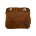 Front view of Hide & Drink Double Snap Pouch in rich brown suede, excellent as a coin purse or cash & card holder. This durable full grain leather organizer is crafted with care by artisans in La Antigua Guatemala.