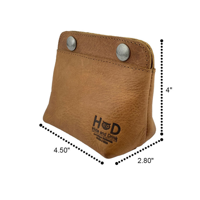 Clean view of Hide & Drink Double Snap Pouch dimensions, highlighting its use as a coin purse and cash holder. This artisan-made product from La Antigua Guatemala features durable full grain leather.
