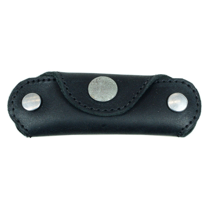 Front view of Hide & Drink's Double Swiss Knife Key Holder in black Full Grain Leather, designed as a practical Multiple Key Organizer. This artisan piece is hand cut and sewn, offering a stylish way to keep your keys neatly stored.