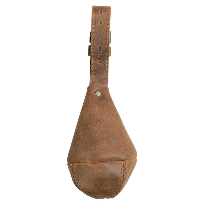 The backside of the Drop Shape Case by Hide & Drink, featuring a sleek, minimalist look. This multipurpose hanging bag serves as a coin cash pouch, key organizer, and cable holder, made from durable Full Grain Leather through artisan craftsmanship in La Antigua Guatemala & Oaxaca Mexico.