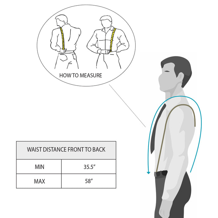 Infographic for measuring fitting for Drop Shaped Suspenders by Hide & Groom, emphasizing adjustability and Full Grain Leather quality; handcrafted in La Antigua Guatemala & Oaxaca Mexico.