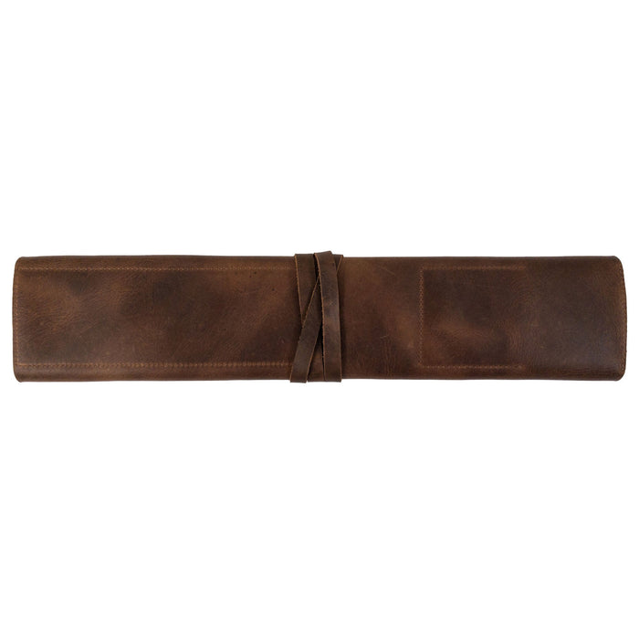 The back view of Hide & Drink’s Drumstick Roll with Slot for Drum Key, crafted from Full Grain Leather. A stylish and practical accessory for drummers, showcasing expert hand cut, hand sewn artistry, and designed with small batch production in mind, all handmade in La Antigua Guatemala & Oaxaca Mexico.
