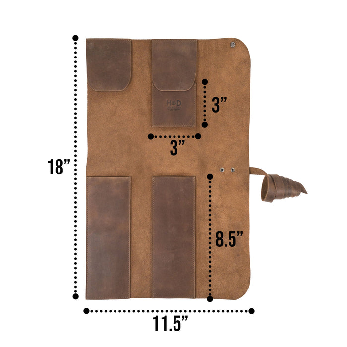 Dimensions of the Hide & Drink Drumstick Roll with Slot for Drum Key presented clearly. Made from Full Grain Leather, this handcrafted piece highlights the importance of small batch production, hand cut, and hand sewn artistry that's made in La Antigua Guatemala & Oaxaca Mexico.