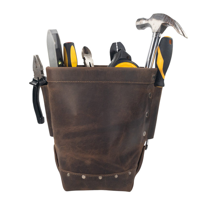 Hide & Drink Electrician Tool Pouch filled with tools, illustrating its practical use as an organizer bag. This heavy duty tool pouch emphasizes durability and efficiency for all work essentials. It features a handcrafted design from full grain leather, made through small batch production, fire branded, and artisan-crafted in La Antigua Guatemala & Oaxaca Mexico.
