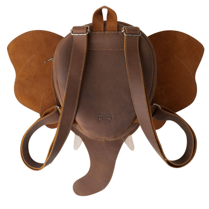 Back view of the Elephant-Shaped Backpack from Hide & Play, featuring adjustable straps and a cute elephant shape. This Full Grain Leather bag serves as a multifunctional Travel Bag for Men and Women, reflecting StockyardX's dedication to artisan craftsmanship with a handmade touch from La Antigua Guatemala.