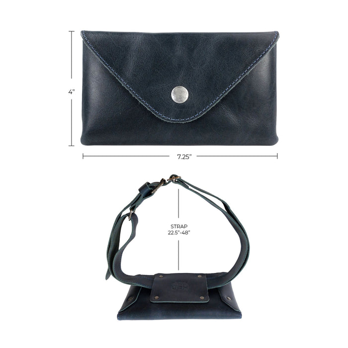 Specifications showcasing Hide & Drink's black Fancy Fanny Pack, illustrating its compact size. This artisan waist pouch in full grain leather is perfect for travel and daily use.