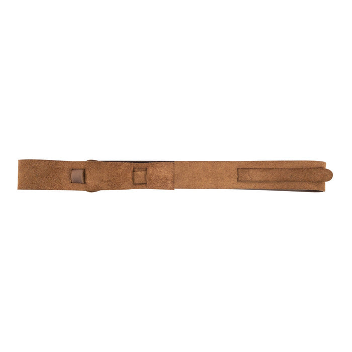 Back view of Heather's Fashion Belt for Women, showcasing the smooth full grain leather and the unique no-buckle style. This stylish waist strap handmade in La Antigua Guatemala is a must-have accessory. Fashion Belt for Women without Buckle, No-Buckle Belt, Stylish Belly Accessory, Small Batch Production, Hand Cut, Hand Sewn, Fire Branded, Artisan.