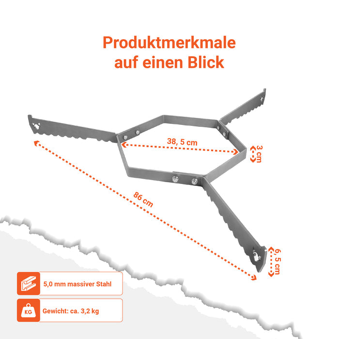 Bild zeigt die Produktmerkmale der FENNEK Auflageleiste für Feuerplatten Ø 96 cm auf einen Blick mit den entsprechenden Maßen auf einen Blick. Dank des 5 mm massivem Stahl ist sie sehr robust und hitzebeständig.