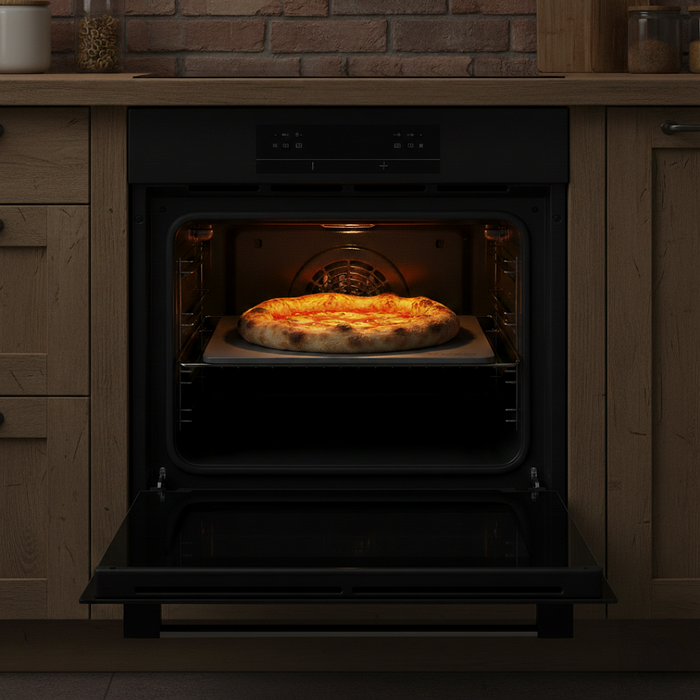 Bildausschnitt zeigt den FENNEK Backstahl in einem Backofen in einer schönen rustikalen Küche. Auf dem FENNEK Backstahl backt eine knusprig fluffige Pizza.