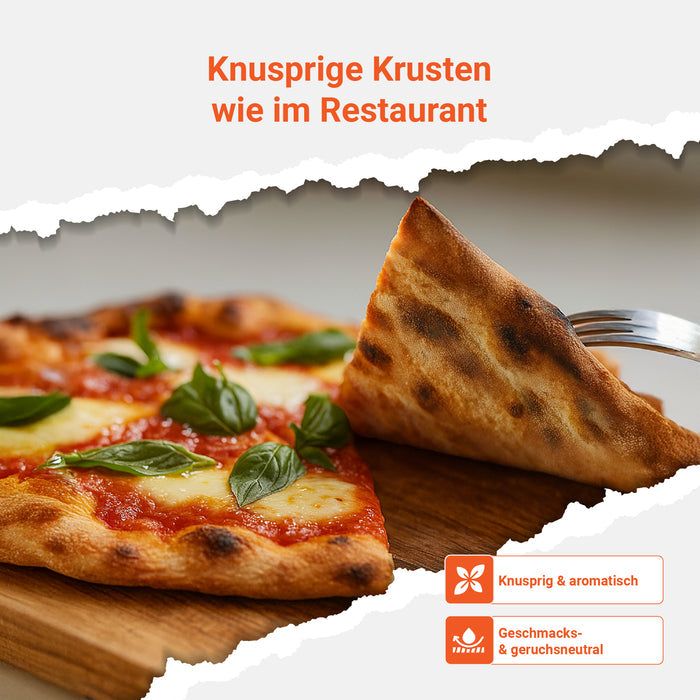 Infografik vom FENNEK Backstahl zeigt das Pizzen besonders knusprig gelingen. Dabei ist der Backstahl geschmacks- und geruchsneutral und made in Germany.