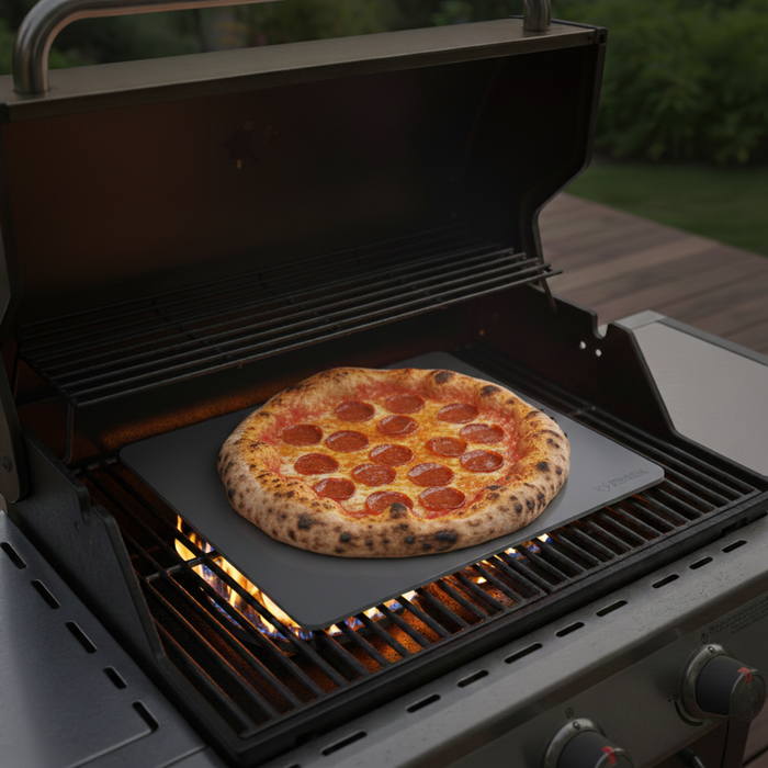 Szenebild zeigt, dass der FENNEK Backstahl nicht nur im Backofen einsetzbar ist, sondern auch auf dem Grill verwendet kann und ein tolles Backergebnis erzielt, wie z.B. einen krosse Pizza.