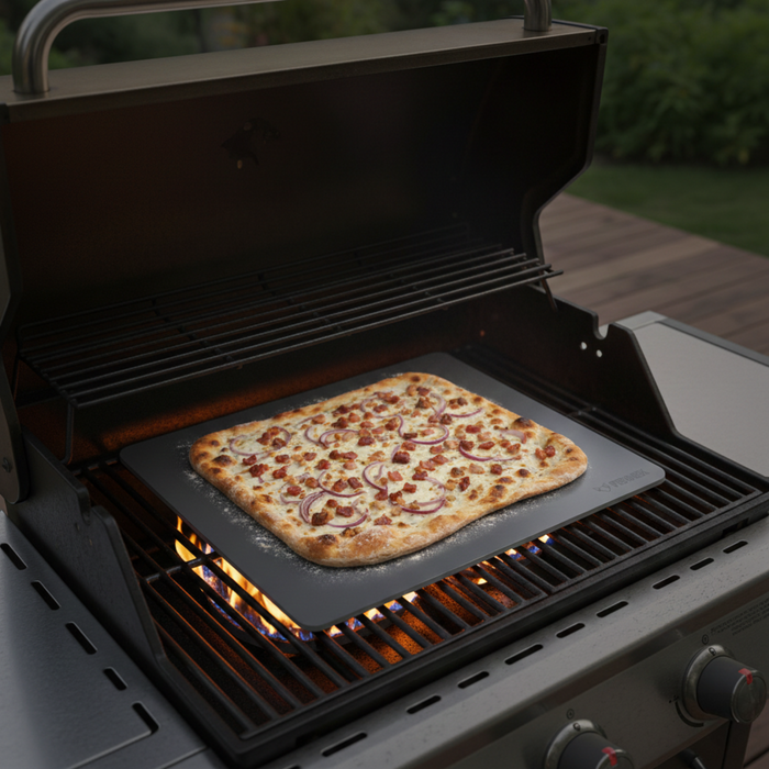 Szenebild zeigt, dass der FENNEK Backstahl nicht nur im Backofen einsetzbar ist, sondern auch auf dem Grill verwendet kann und ein tolles Backergebnis erzielt, wie z.B. einen knusprigen Flammkuchen.