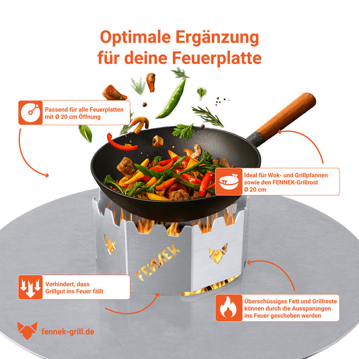 Details zum FENNEK Wokaufsatz für Feuerplatten und Grillringe mit einer 20 cm Öffnung. Made in Germany aus hochwertigem Edelstahl.