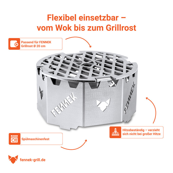 Details zum FENNEK Wokaufsatz für Feuerplatten und Grillringe mit einer 20 cm Öffnung. Made in Germany aus hochwertigem Edelstahl.