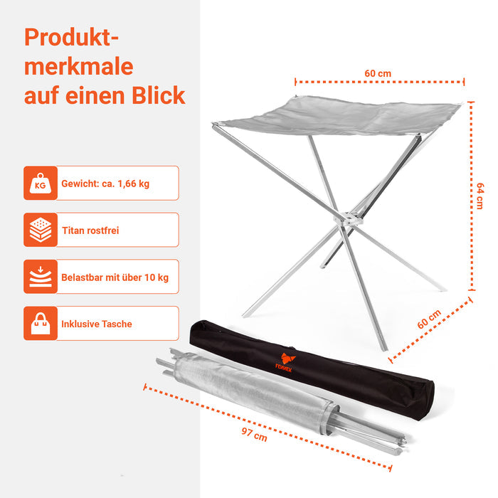 Die Infografik zeigt die Produktmerkmale vom FENNEK High Fire aus Titan auf einen Blick. Das Feuernetz ist leicht, hat eine Fläche von 60 x 60 cm, eine Höhe von 64 cm, wiegt 1,66 kg und ist mit über 10 kg belastbar. Außerdem sieht man das High Fire auch im demontiertem Zustand neben der dazugehörigen Tasche.