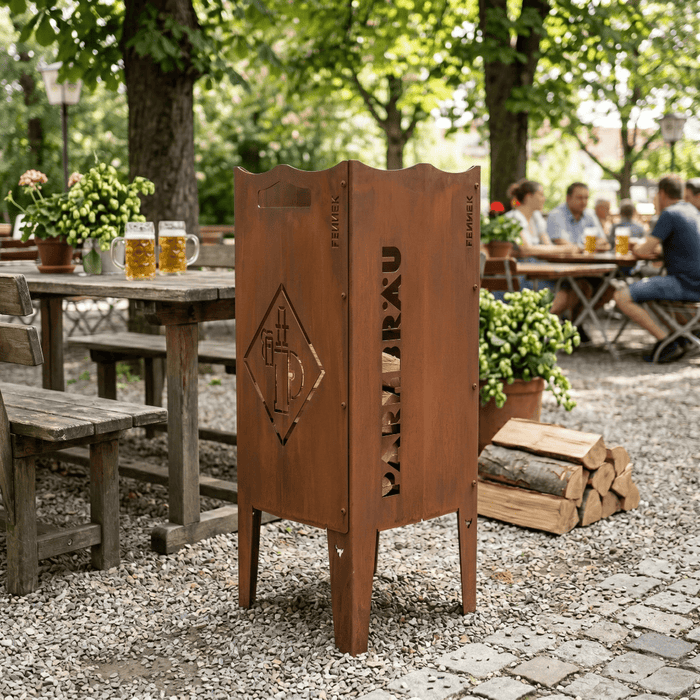Die FENNEK Feuersäule mit dem Parkbräu Logo steht in einem schönem Biergarten. Die Säule aus Stahl hat eine schöne Rostoptik und eignet sich somit perfekt als rustikaler Eyecatcher.