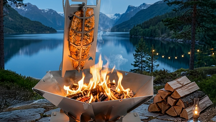 Die FENNEK Feuerschale Hexagon steht auf ihrem Hitzeschutz, welcher für einen stabilen Stand der Feuerschale sorgt. Im Hintergrund sieht man einen See, Berge und einen dichten Wald. An der Hexagon grillt außerdem ein schönes Stück Lachs am Flammlachshalter "Shorty". Die Feuerschale Hexagon ist mit diversem Zubehör erweiterbar.