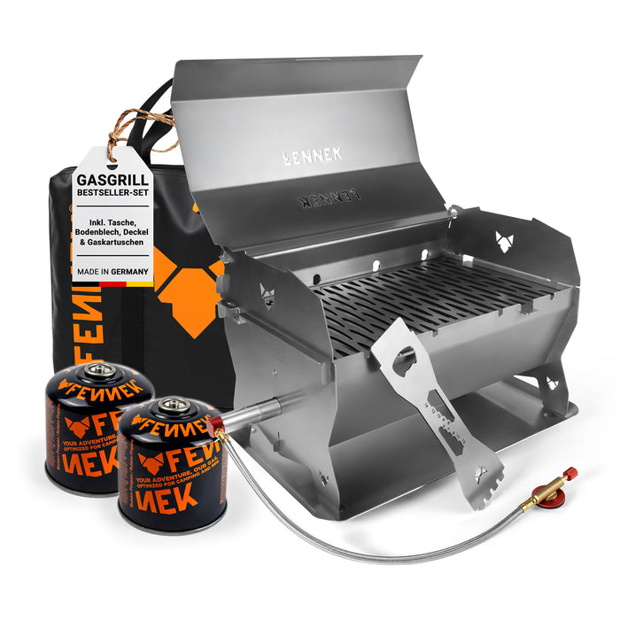 FENNEK Gasgrill mobil Bestseller-Set aus Edelstahl mit Deckel, Tasche und Gaskartuschen