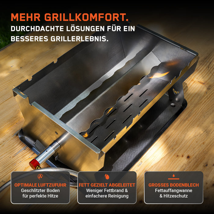 Infografik mit Darstellung der Brenner und Hitzeverteilung des FENNEK Gasgrills