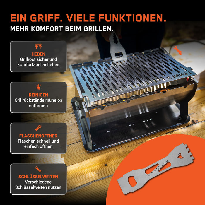 Infografik mit den verschiedenen Funktionen des Multifunktionalen Grill Werkzeugs
