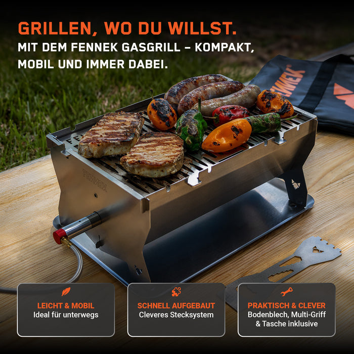Infografik zu den Eigenschaften des FENNEK Gasgrills, dazu zählen: leicht & mobil, Schnell aufgebaut, praktisch & clever