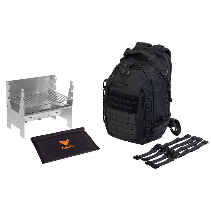 Freisteller FENNEK Light mit seiner dazugehörigen Tasche und  daneben der FENNEK Backpack One2explore, mit den dazugehörigen Kompressionsgurten.