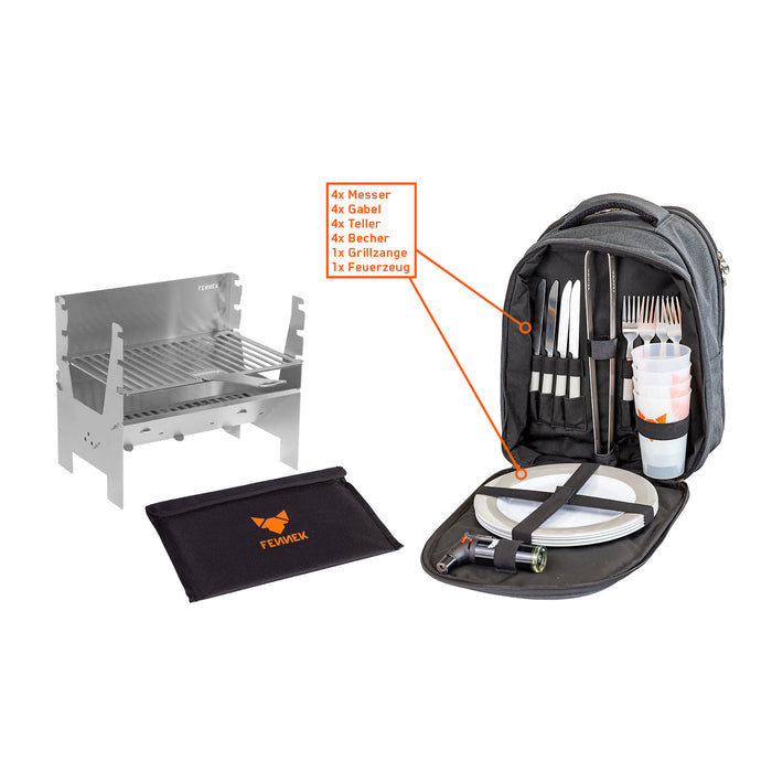 Freisteller vom FENNEK Light Grill und der dazugehörigen Tasche. Daneben der nach vorne geöffnete FENNEK Backpack mit einer detaillierten Beschreibung des Inhalts.