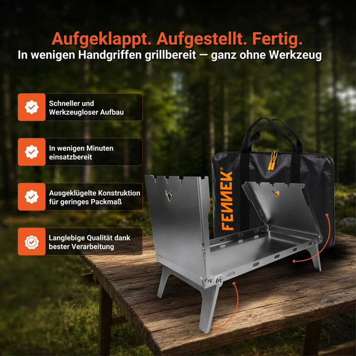 FENNEK Mangal Grill beim werkzeuglosen Aufbau auf einem Holztisch mit Infoboxen zu den Produktvorteilen und Tragetasche im Hintergrund