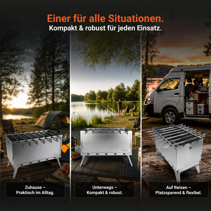 FENNEK Mangal Grill in einer dreigeteilten Collage für die Einsätze Zuhause im Alltag, unterwegs und auf Reisen