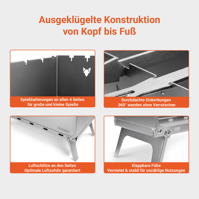 FENNEK Mangal Grill Konstruktionsdetails mit Spießhalterungen, Einkerbungen für 360° Wenden, Luftschlitzen und klappbaren Füßen
