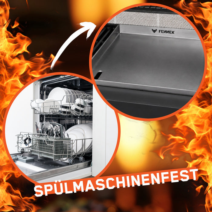 Zwei kreisförmige Ausschnitte zeigen oben die FENNEK Plancha für den Enders Boston Pro 4 auf einem Gasgrill und unten eine geöffnete, beladene Spülmaschine. Ein weißer Pfeil verbindet beide Bilder und symbolisiert die einfache Reinigung.