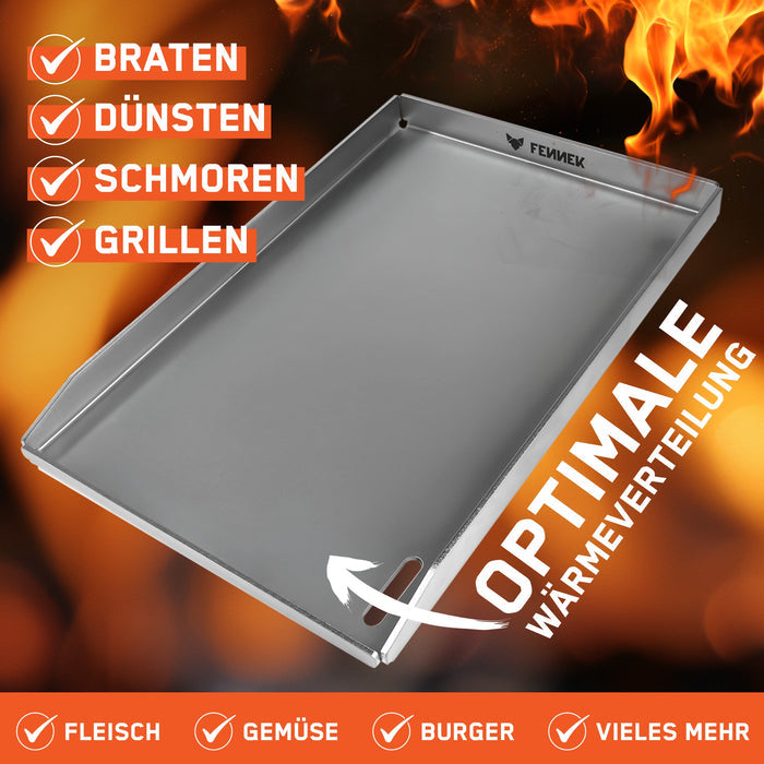 Detailbild zeigt die FENNEK Plancha für Napoleon Grills. Sie ist geeignet zum Braten, Dünsten, Schmoren und Grillen. Durch ihre optimale Wärmeverteilung ist sie geeignet für Fleisch, Gemüse, Burger und vieles mehr. Hergestellt in Deutschland überzeugt sie von Qualität.
