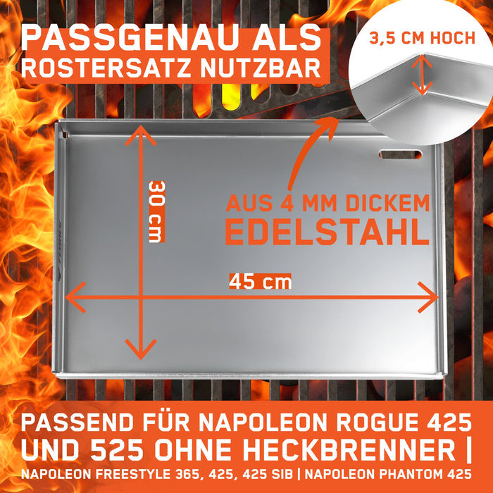 Detailbild zeigt die FENNEK Plancha 45 x 30 cm. Sie kann passgenau als Rostersatz genutzt werden und passt auf den Napoleon Rogue, Freestyle und Phantom.