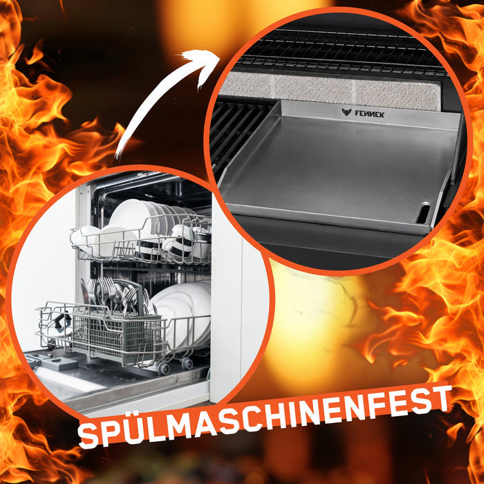 Zwei kreisförmige Ausschnitte zeigen oben eine Edelstahl-Plancha auf einem Gasgrill und unten eine geöffnete, beladene Spülmaschine. Ein weißer Pfeil verbindet beide Bilder und symbolisiert die einfache Reinigung in der Spülmaschine, die aufgrund dem gewählten Material möglich ist.
