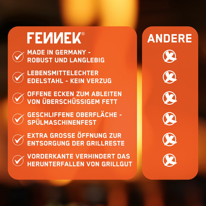 Vergleichstabelle der FENNEK Plancha gegenüber Wettbewerbern. Unsere punktet mit sechs Merkmalen, die jeweils mit einem Haken bestätigt sind: Made in Germany (robust & langlebig), lebensmittelechter Edelstahl ohne Verzug, offene Ecken zum Fettableiten, geschliffene Oberfläche (spülmaschinenfest), extra große Öffnung für Grillreste und eine Vorderkante, die das Herunterfallen von Grillgut verhindert. Bei der Konkurrenz sind diese Punkte jeweils mit einem X markiert.