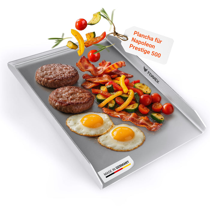 Titelbild der FENNEK Plancha für den Napoleon Prestige 500 - dargestellt mit saftig gebratenen Grillgut.