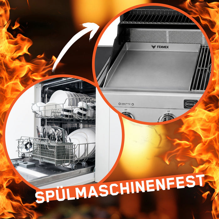 Zwei kreisförmige Ausschnitte zeigen oben eine die FENNEK Plancha für Rösle Vario+ Modelle auf einem Gasgrill und unten eine geöffnete, beladene Spülmaschine. Ein weißer Pfeil verbindet beide Bilder und symbolisiert die einfache Reinigung. Die Plancha kann aufgrund des gewählten Materials in der Spülmaschinen gereinigt werden.