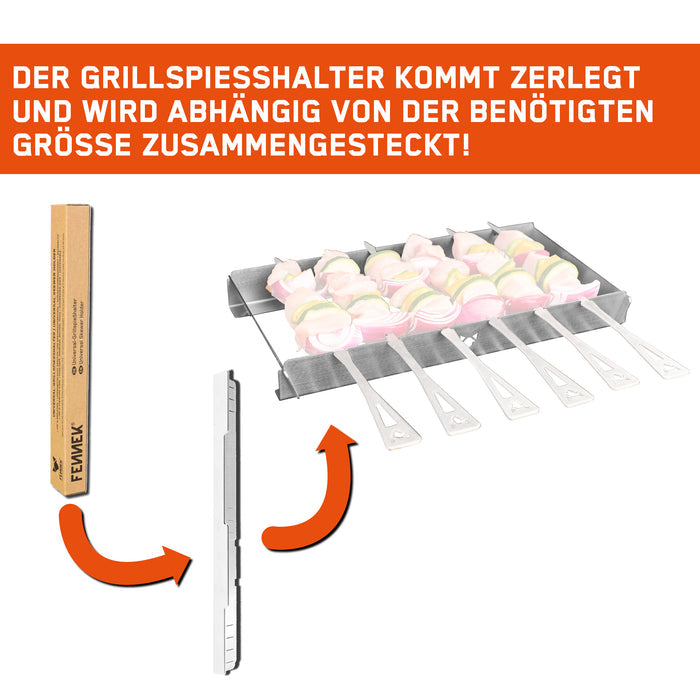 Das Bild zeigt die Verpackung, den zerlegten Inhalt und den zusammengesteckten FENNEK Universal Grillspießhalter.