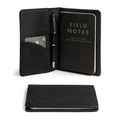 Black version of the Field Notes Carrier by Leather Worx with card and pen holder. This elegant Field Notes Cover acts as a Leather Notebook Cover 3.5 x 5.5 in., designed for convenience. Ideal for any traveler, this full grain leather accessory reflects artisan craftsmanship and is handmade in La Antigua Guatemala.