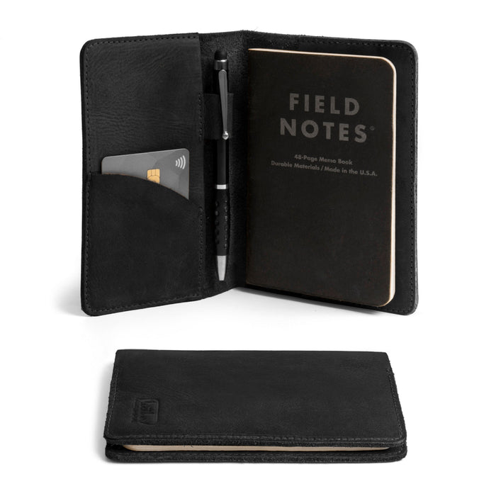 Black version of the Field Notes Carrier by Leather Worx with card and pen holder. This elegant Field Notes Cover acts as a Leather Notebook Cover 3.5 x 5.5 in., designed for convenience. Ideal for any traveler, this full grain leather accessory reflects artisan craftsmanship and is handmade in La Antigua Guatemala.