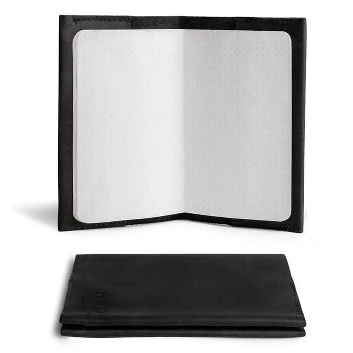 Hide & Drink Field Notes Cover open showcasing sheets, a classic pocket-sized memo books cover compatible with Field Notes (3.5 x 5.5 in.) journal case with card slots, made of durable full grain leather.