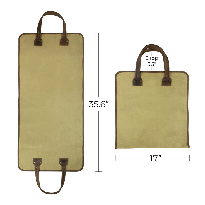 Hide & Drink Firewood Bag focused on its high-quality fabric and leather finish, emphasizing durability and aesthetic appeal for everyday use. Firewood Bag With Leather Liner, Full Grain Leather, StockyardX, Small Batch Production, Hand Cut, Hand Sewn, Fire Branded, Artisan, Handmade in La Antigua Guatemala & Oaxaca Mexico.