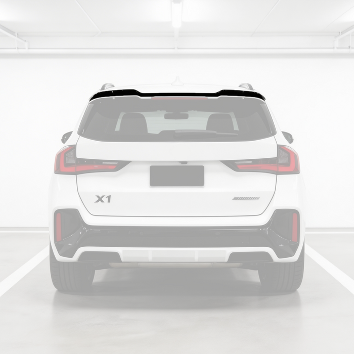 Gloss black rear roof spoiler wing installed on a 2023 BMW X1 U11