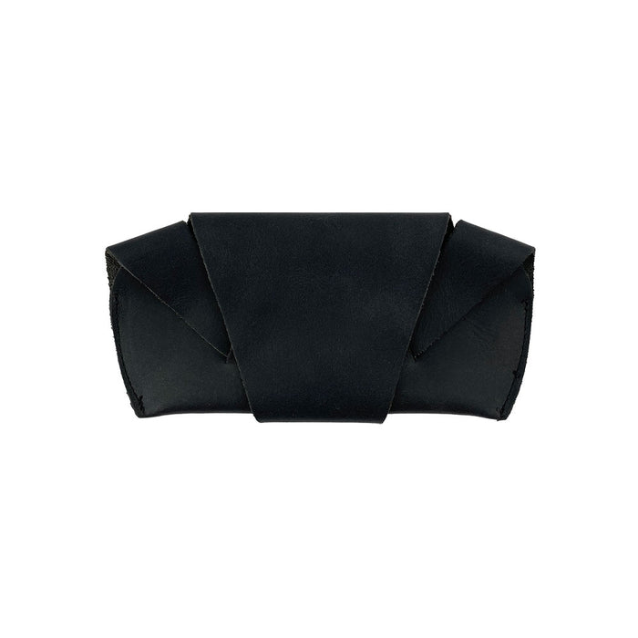 Front view of the black Foldable Sunglass Case by Hide & Drink, featuring a sleek design. This artisan accessory, crafted from Full Grain Leather, showcases remarkable hand cut and sewn details.