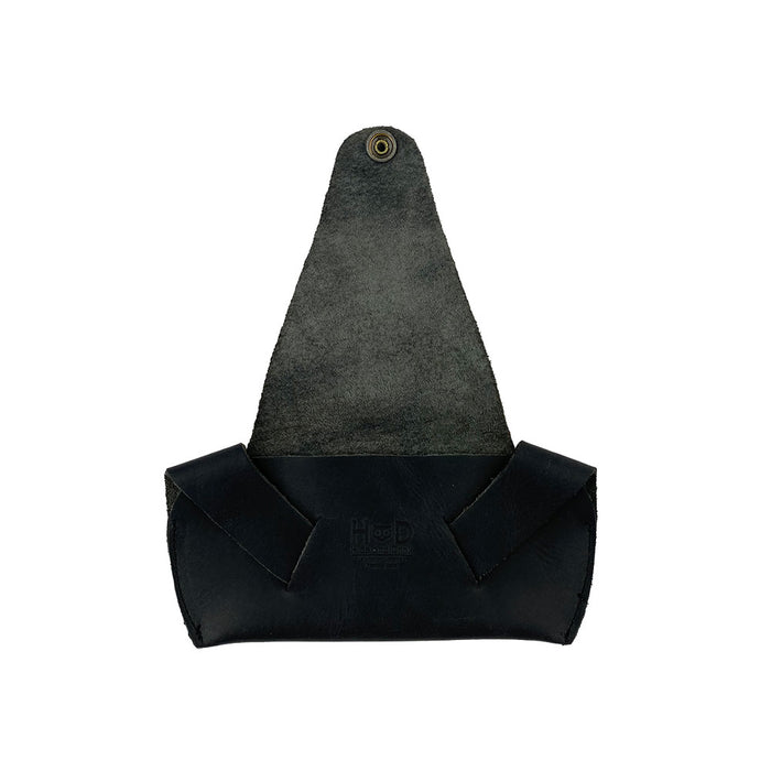 Inside view of the black Foldable Sunglass Case by Hide & Drink, ensuring perfect fit for sunglasses. Made from Full Grain Leather, it reflects the artisan quality and attention to detail through hand cutting and sewing.